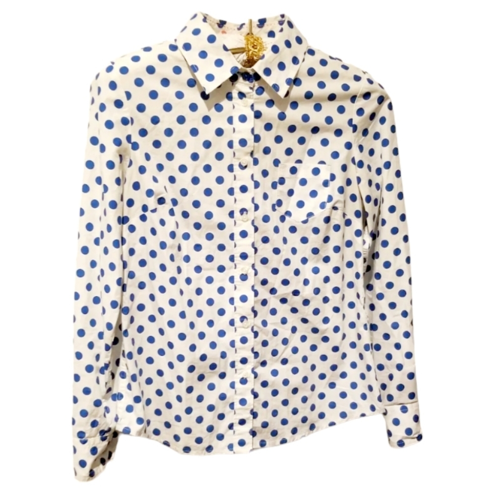 BODEN Women's White/Blue Polka-Dot Long Sleeve Button Down Shirt